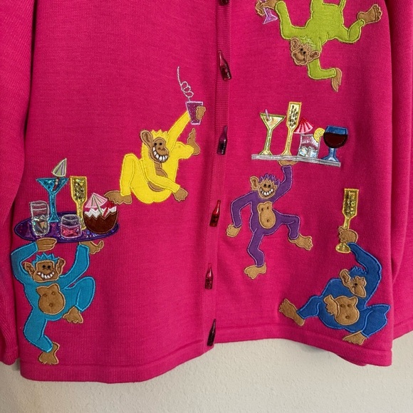 CHRISTINA ROTELLI Vintage Pink Cardigan Sweater Monkeys Martinis Size L - Picture 6 of 16